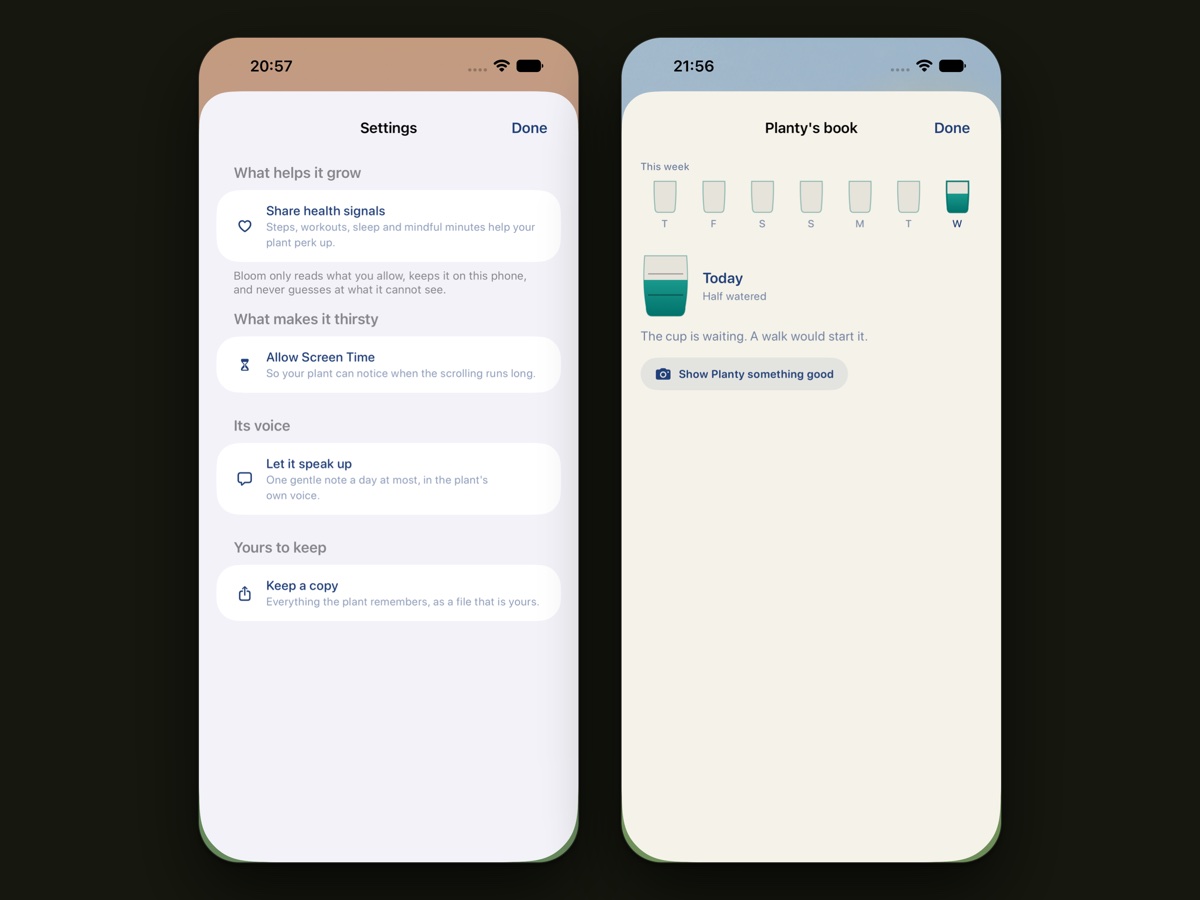 Bloom's Care settings and Planty's book on two phones