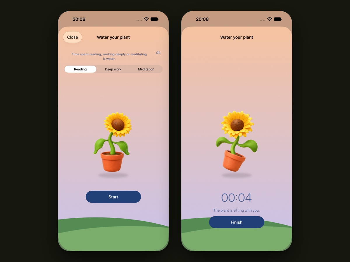 Bloom's Water sheet on two phones: choosing a sitting, then the timer running