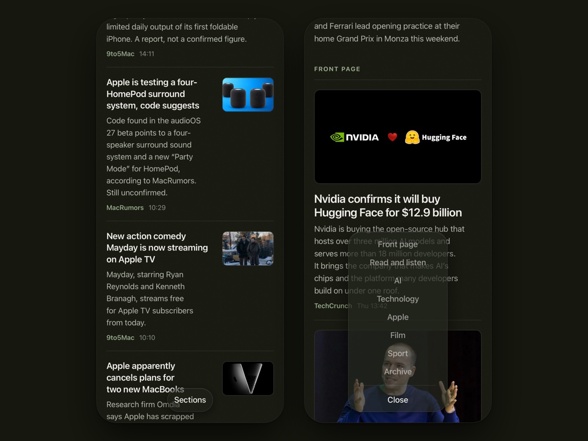 The DJ on two phones: the sport section grouped by team, and the sections menu open