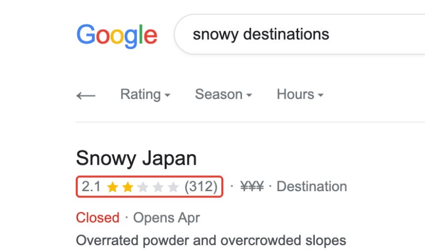 Reputation Management campaign creative: a mock Google listing for Snowy Japan